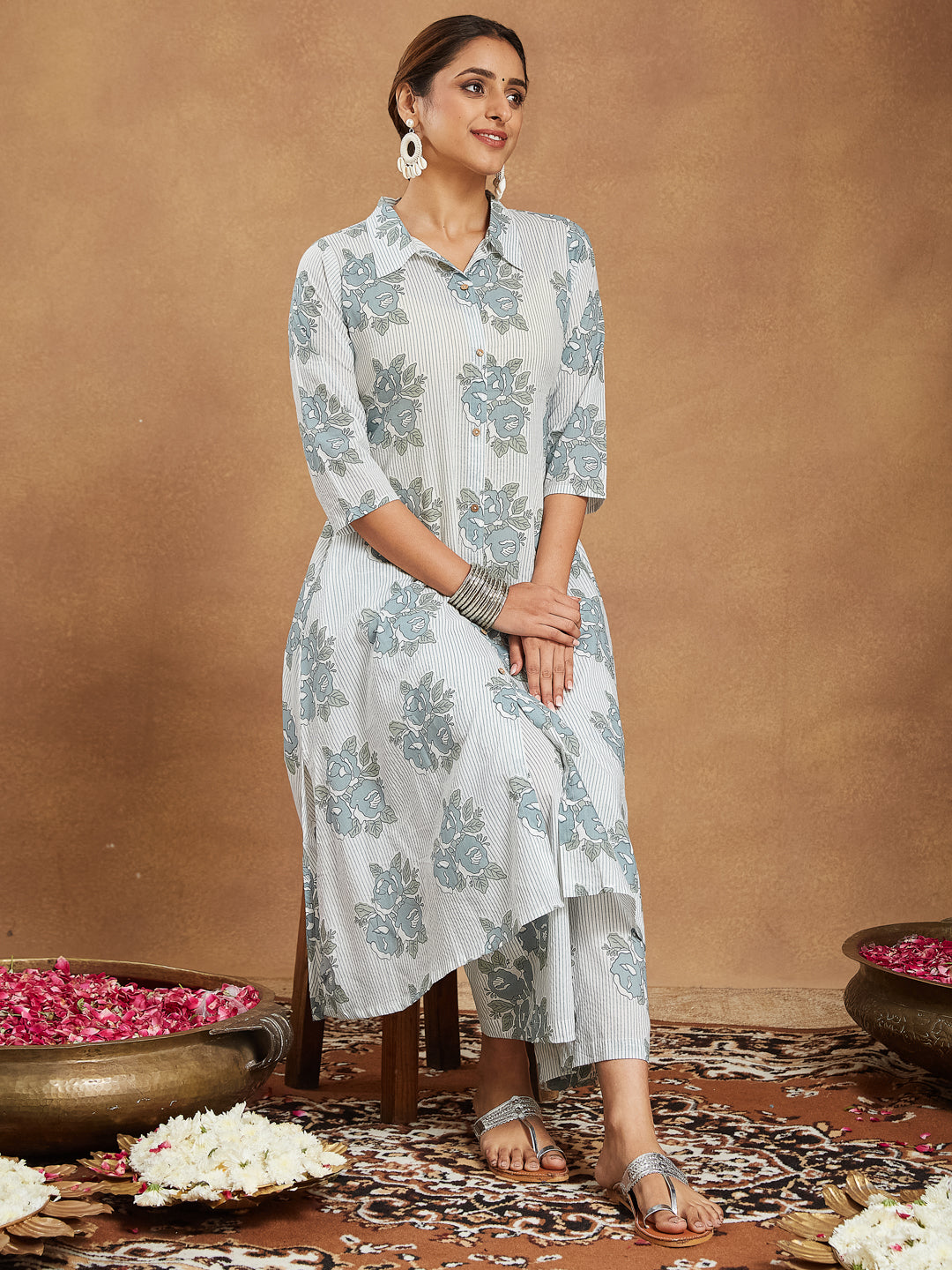 Ninnique Women's White Pure Cotton Floral Printed A-line Shirt Style Kurta With Pant Set