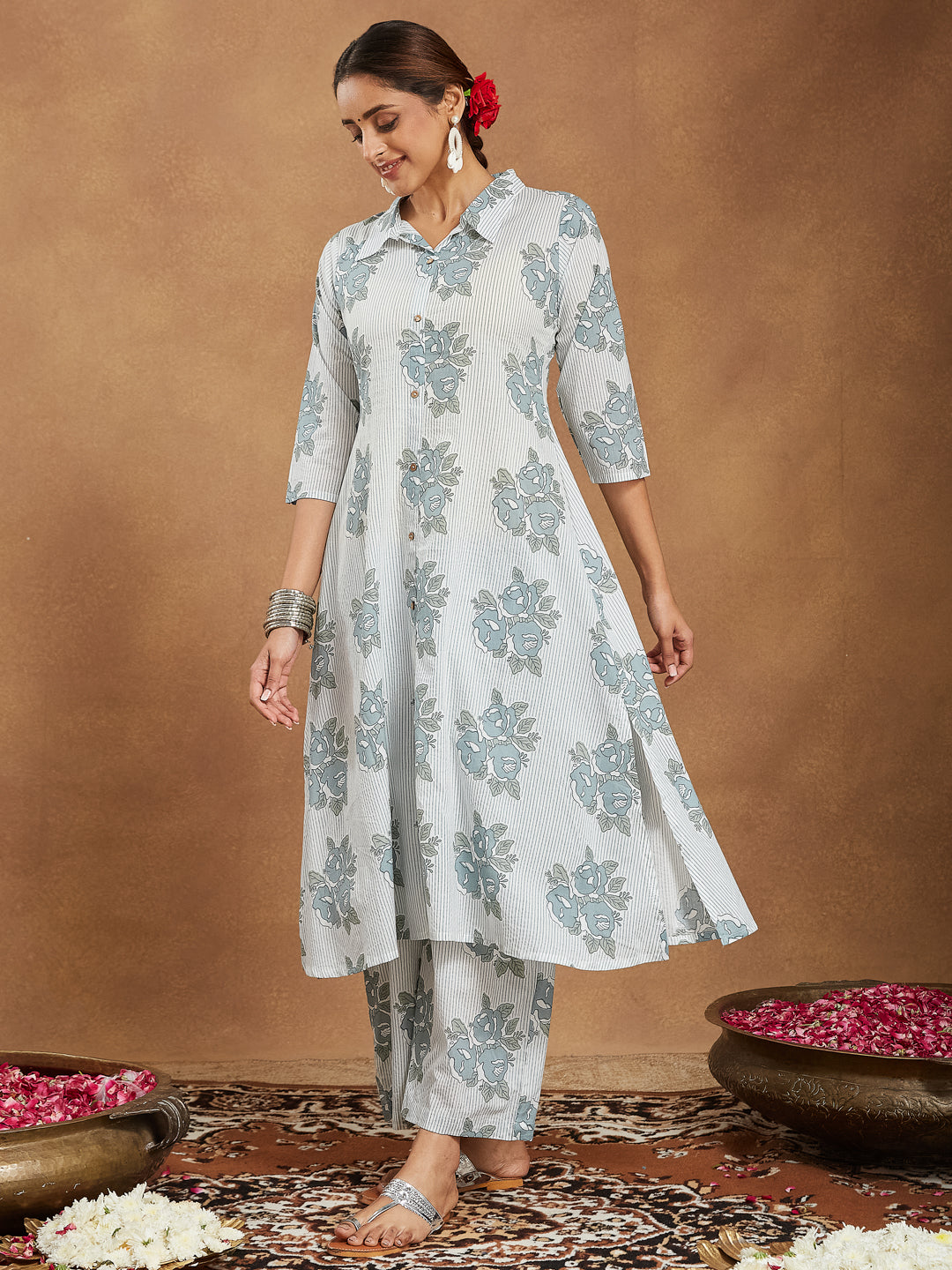 Ninnique Women's White Pure Cotton Floral Printed A-line Shirt Style Kurta With Pant Set