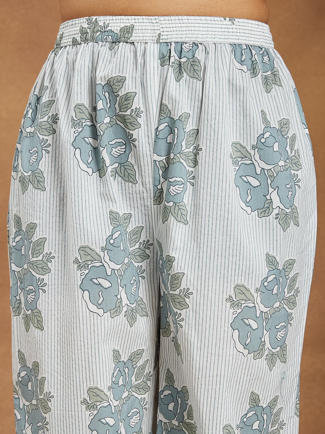 Ninnique Women's White Pure Cotton Floral Printed A-line Shirt Style Kurta With Pant Set