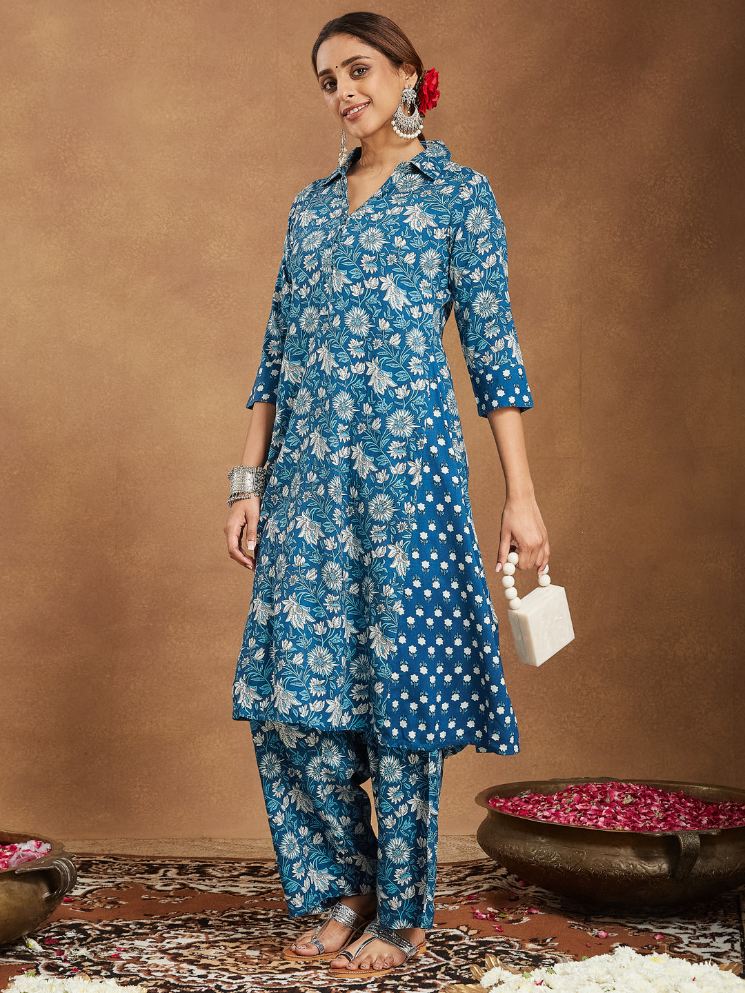 Ninnique Women's Blue Pure Cotton Floral Printed A-line Kurta Set