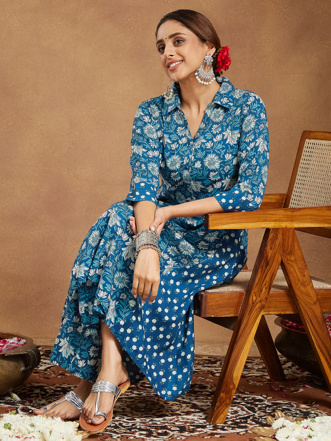 Ninnique Women's Blue Pure Cotton Floral Printed A-line Kurta Set