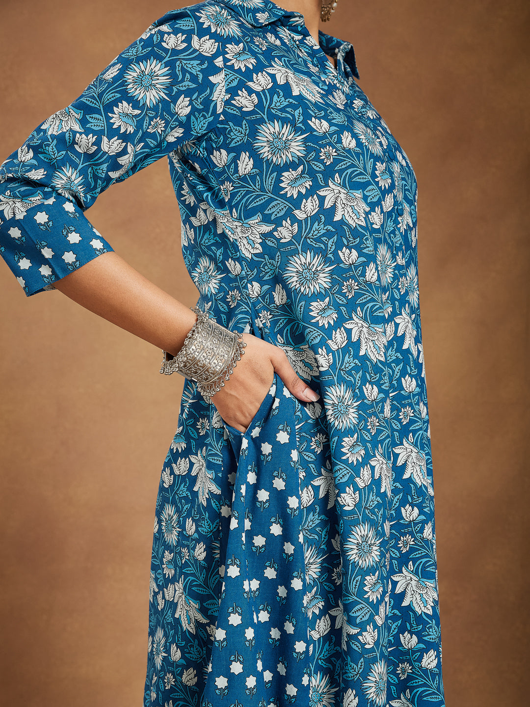 Ninnique Women's Blue Pure Cotton Floral Printed A-line Kurta Set