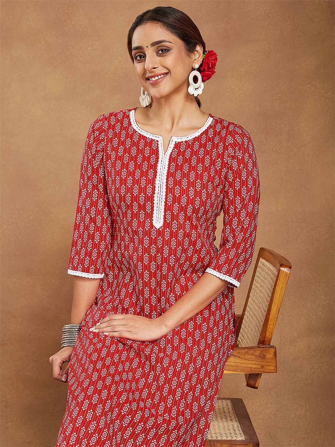 Ninnique Women's Red Pure Cotton Ethnic Motifs Printed Straight Kurta Pant Set