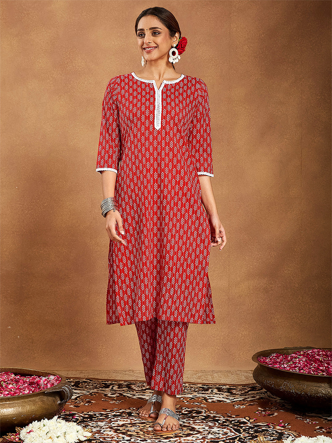 Ninnique Women's Red Pure Cotton Ethnic Motifs Printed Straight Kurta Pant Set