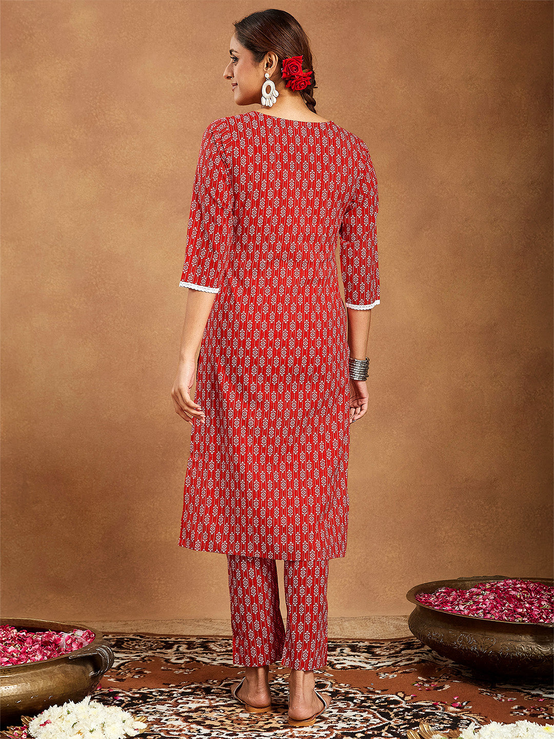 Ninnique Women's Red Pure Cotton Ethnic Motifs Printed Straight Kurta Pant Set