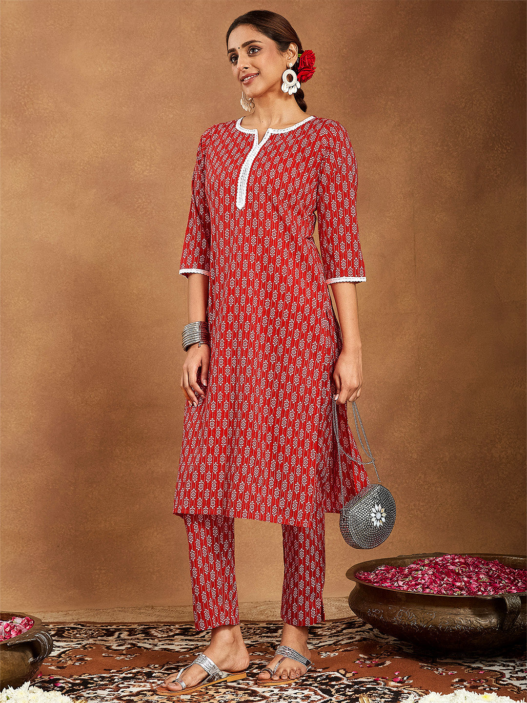 Ninnique Women's Red Pure Cotton Ethnic Motifs Printed Straight Kurta Pant Set