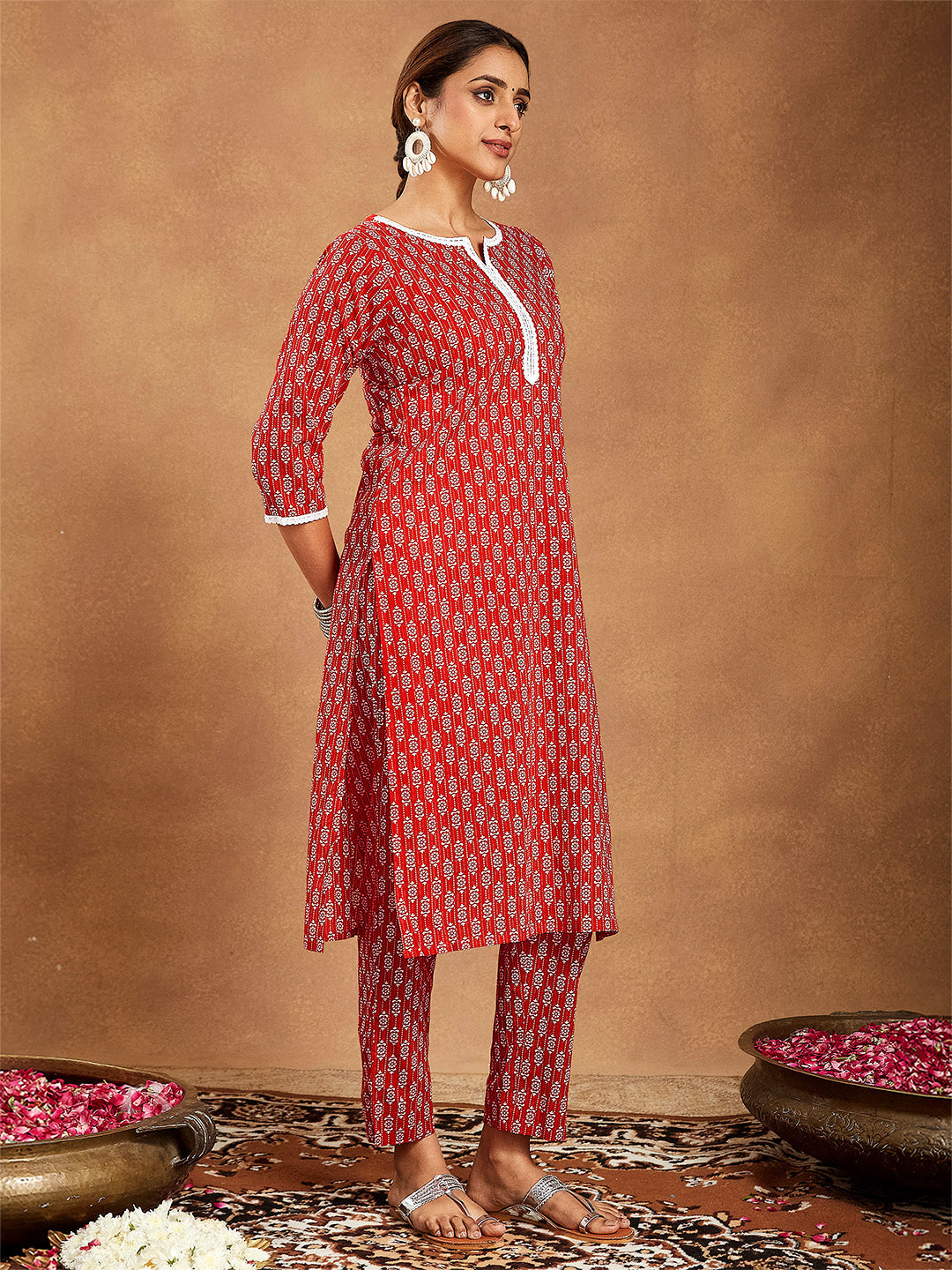 Ninnique Women's Red Pure Cotton Ethnic Motifs Printed Straight Kurta Pant Set