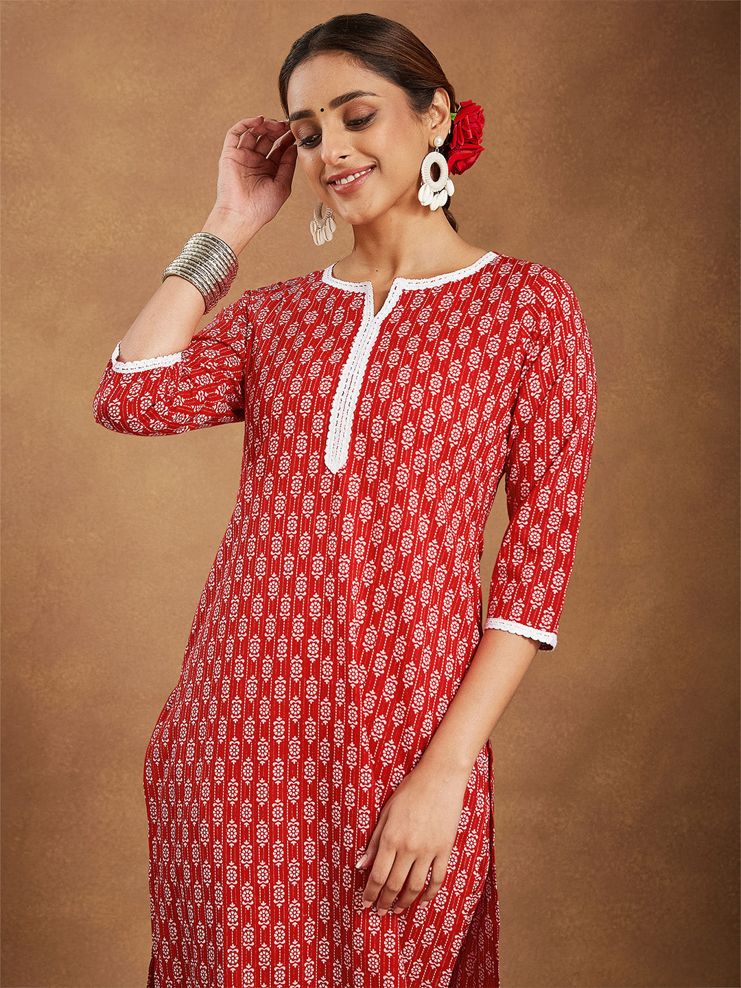 Ninnique Women's Red Pure Cotton Ethnic Motifs Printed Straight Kurta Pant Set