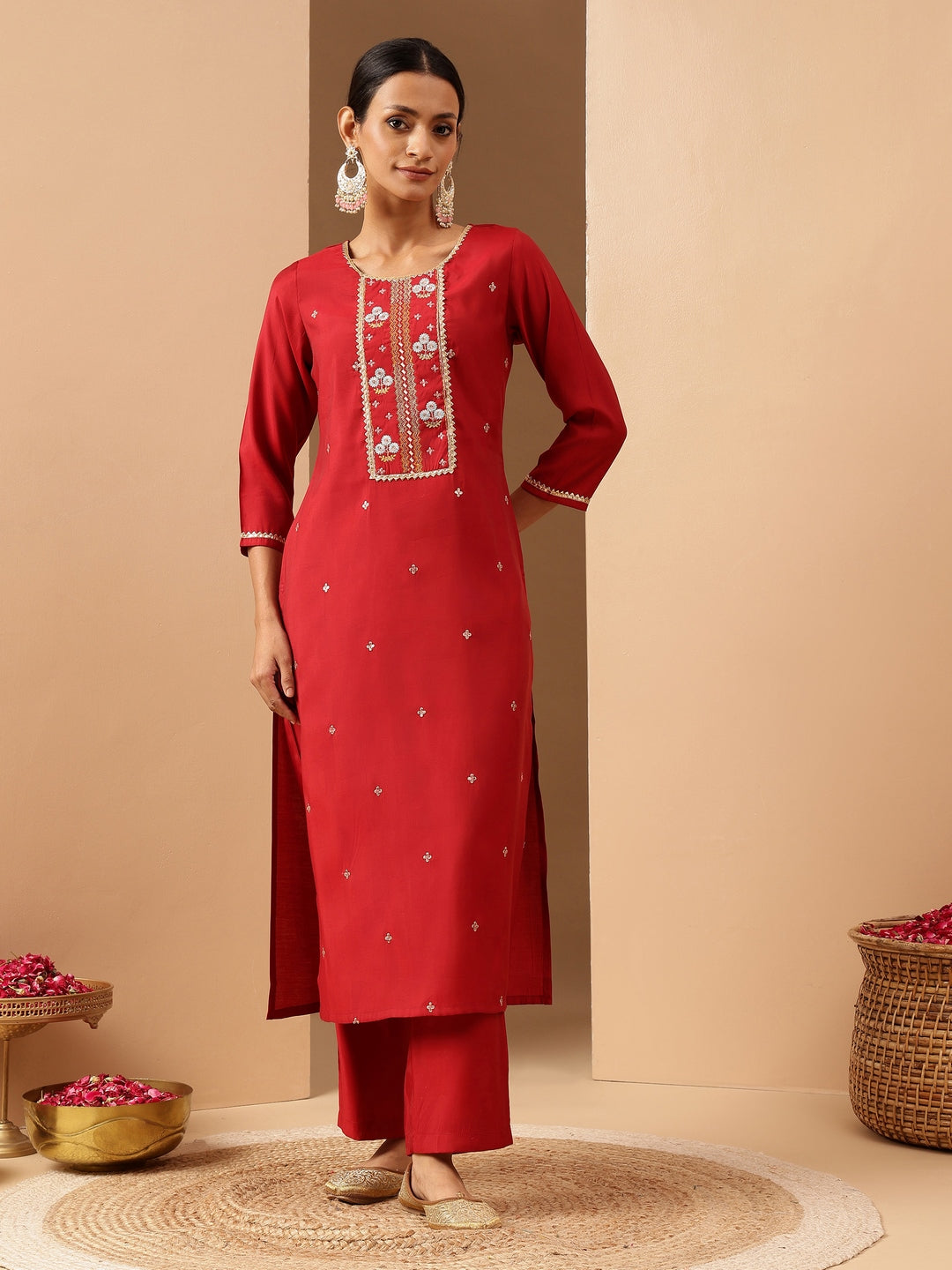 Ninnique Women's Red Chanderi Silk Zari Embroidered Straight Kurta Pant Set