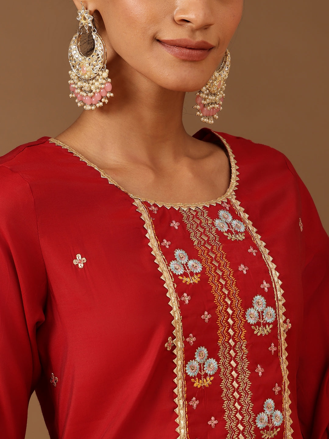 Ninnique Women's Red Chanderi Silk Zari Embroidered Straight Kurta Pant Set