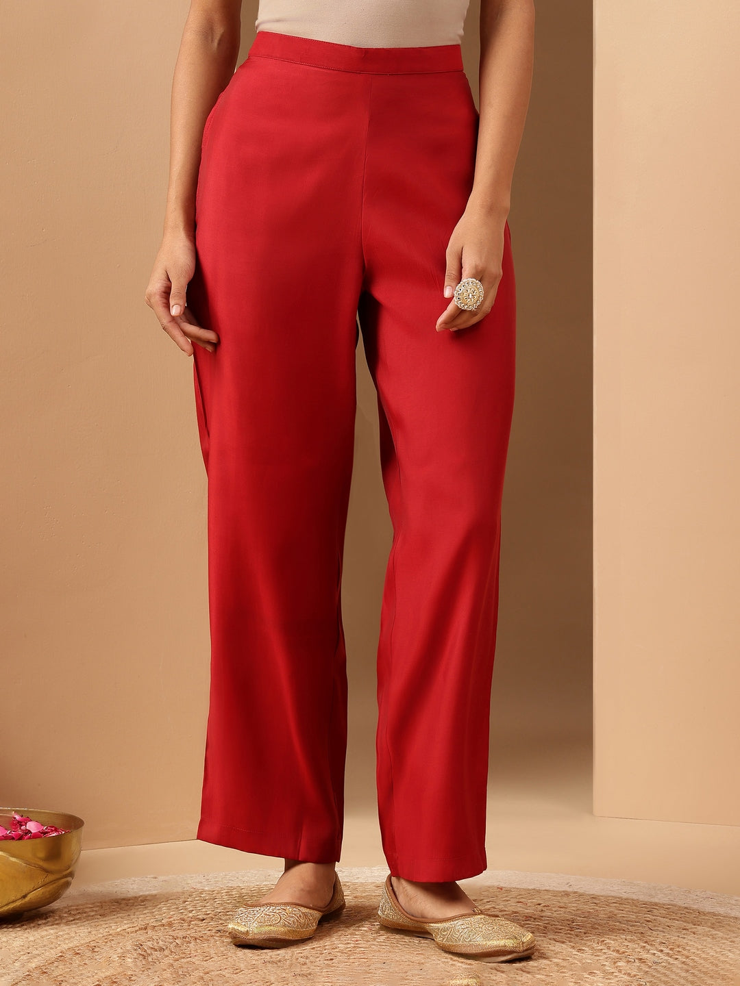 Ninnique Women's Red Chanderi Silk Zari Embroidered Straight Kurta Pant Set
