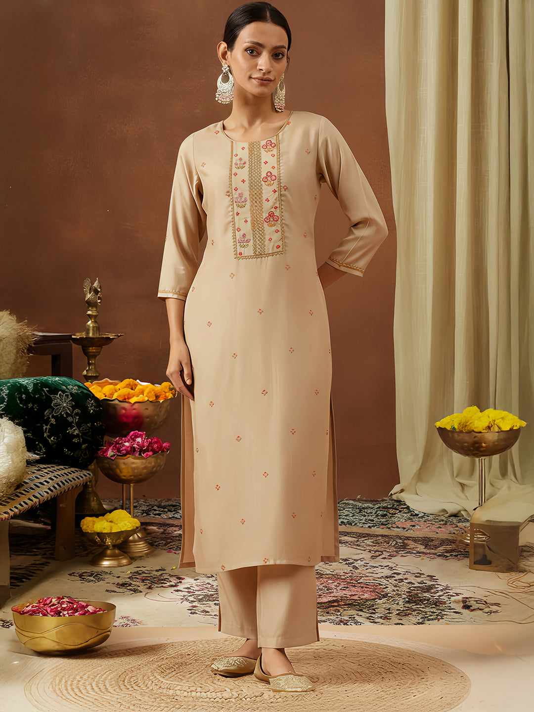 Ninnique Women's Beige Chanderi Silk Zari Embroidered Straight Kurta Pant Set