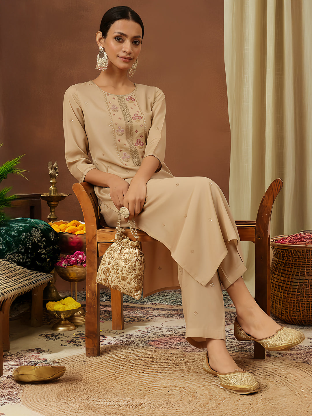 Ninnique Women's Beige Chanderi Silk Zari Embroidered Straight Kurta Pant Set