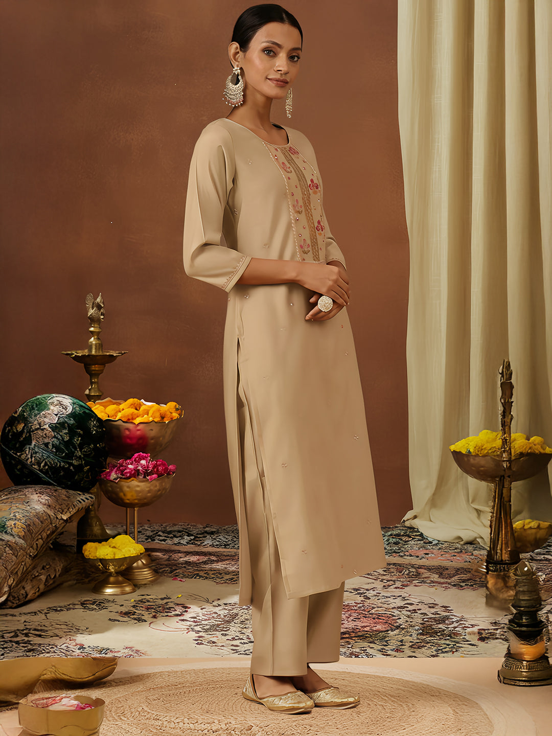 Ninnique Women's Beige Chanderi Silk Zari Embroidered Straight Kurta Pant Set