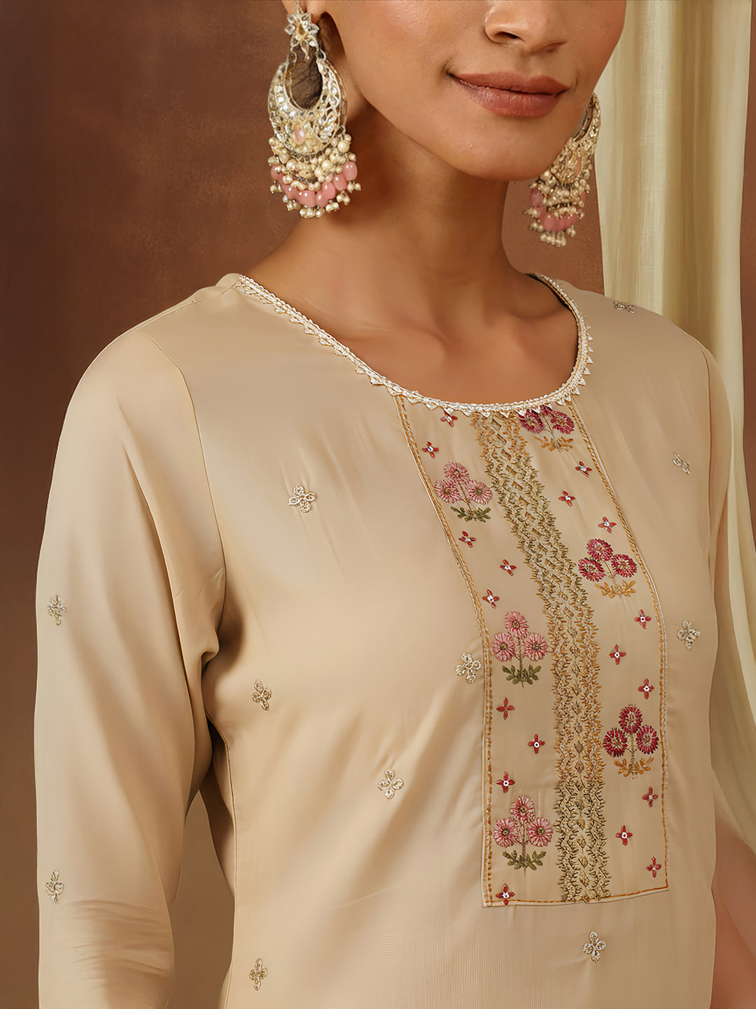 Ninnique Women's Beige Chanderi Silk Zari Embroidered Straight Kurta Pant Set