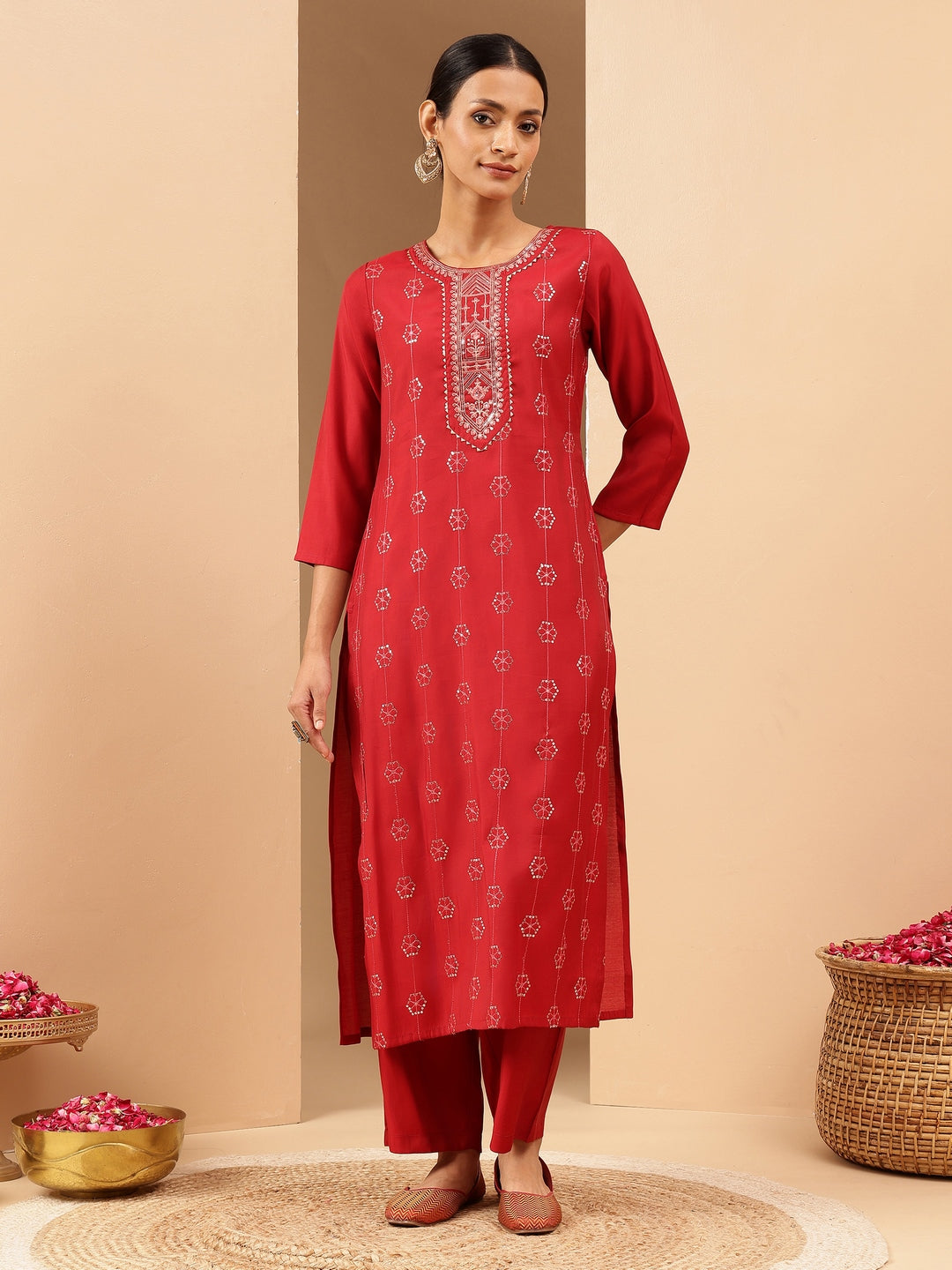 Ninnique Women's Red Chanderi Silk Embellished Straight Kurta Pant Set