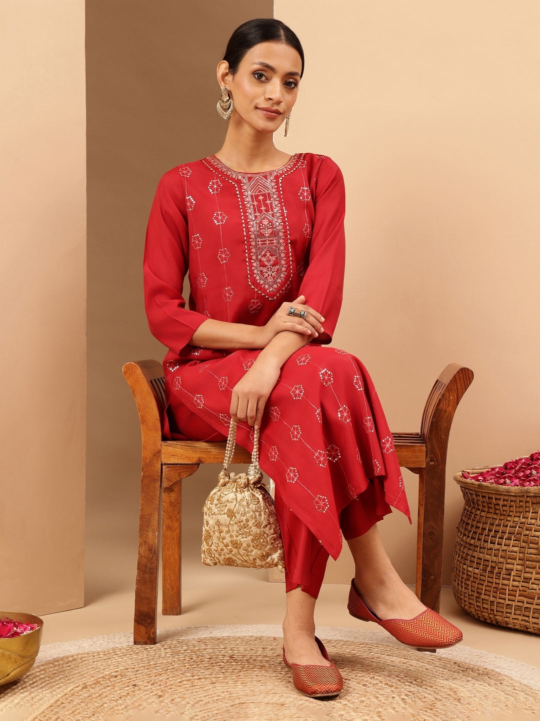 Ninnique Women's Red Chanderi Silk Embellished Straight Kurta Pant Set