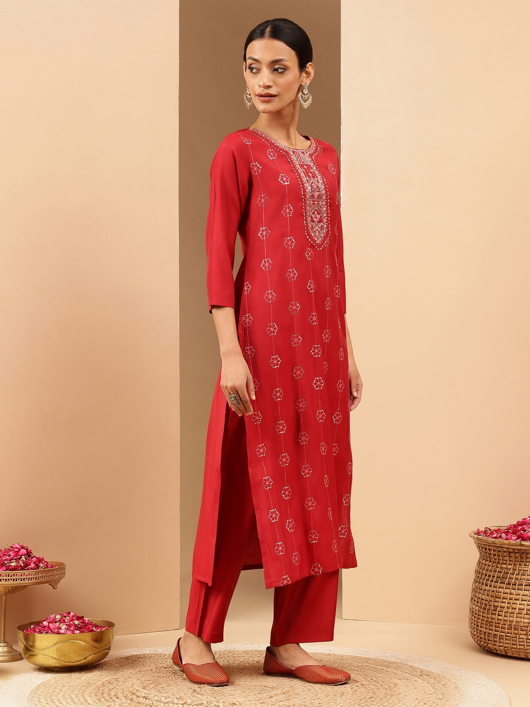 Ninnique Women's Red Chanderi Silk Embellished Straight Kurta Pant Set