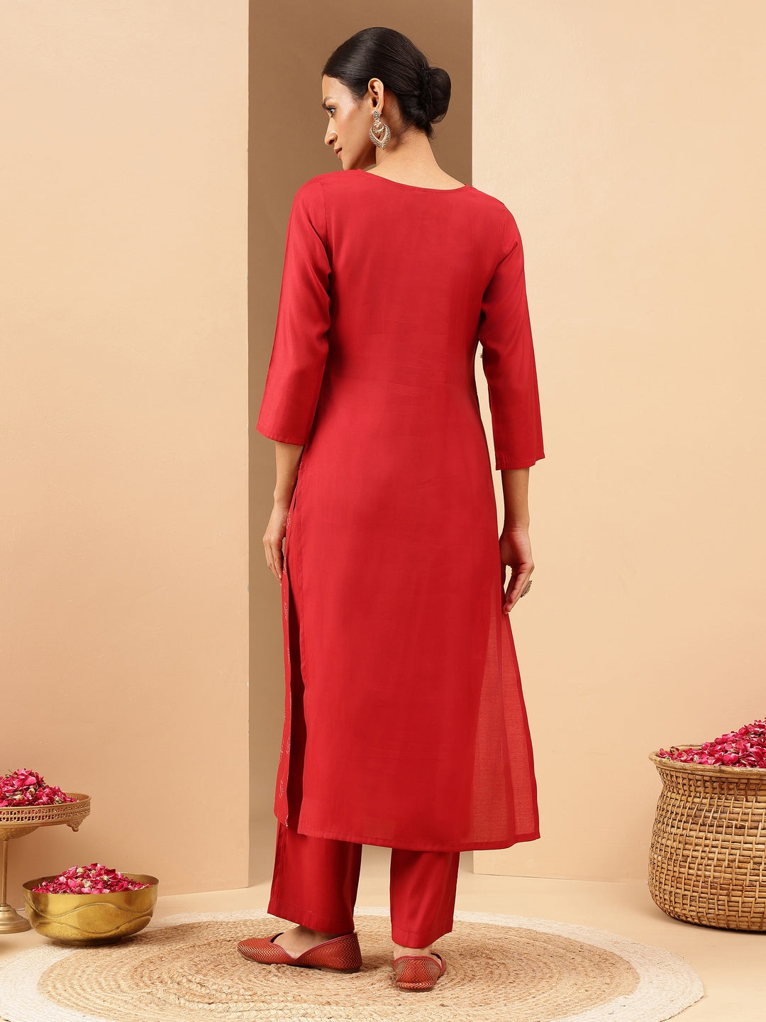 Ninnique Women's Red Chanderi Silk Embellished Straight Kurta Pant Set