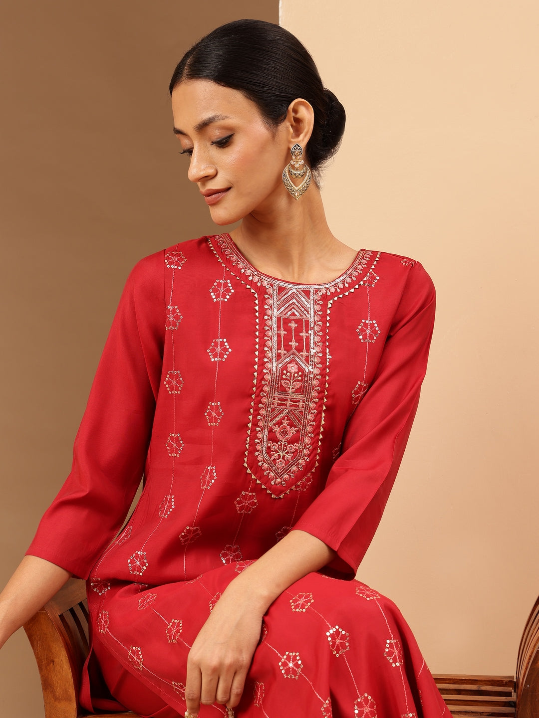 Ninnique Women's Red Chanderi Silk Embellished Straight Kurta Pant Set