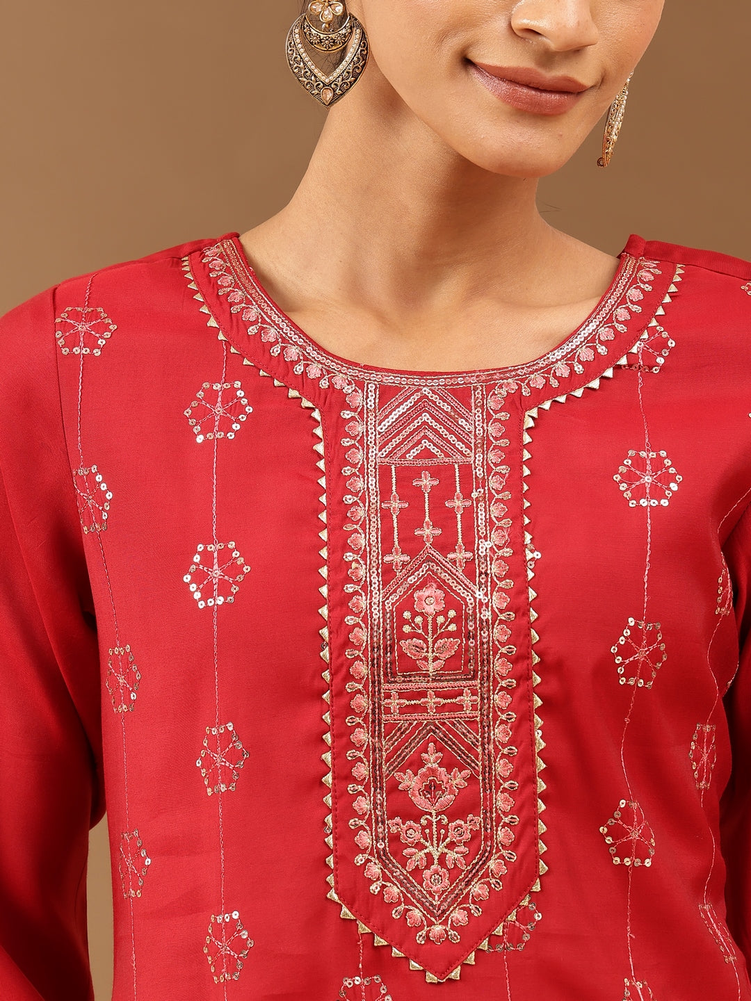 Ninnique Women's Red Chanderi Silk Embellished Straight Kurta Pant Set