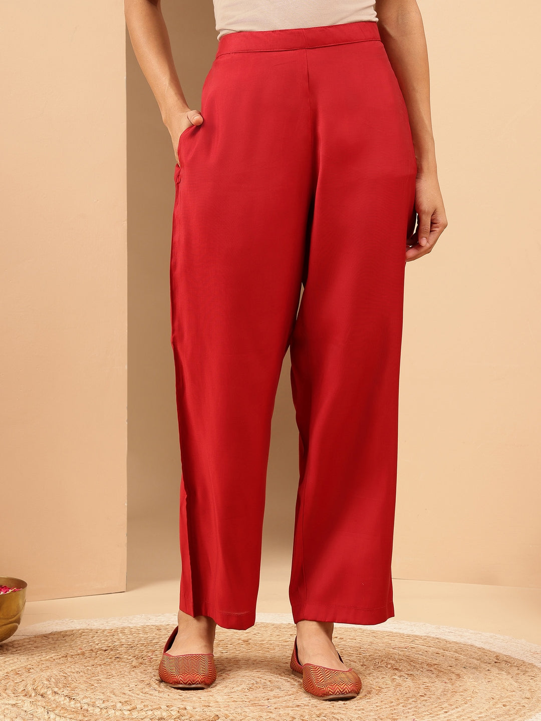 Ninnique Women's Red Chanderi Silk Embellished Straight Kurta Pant Set