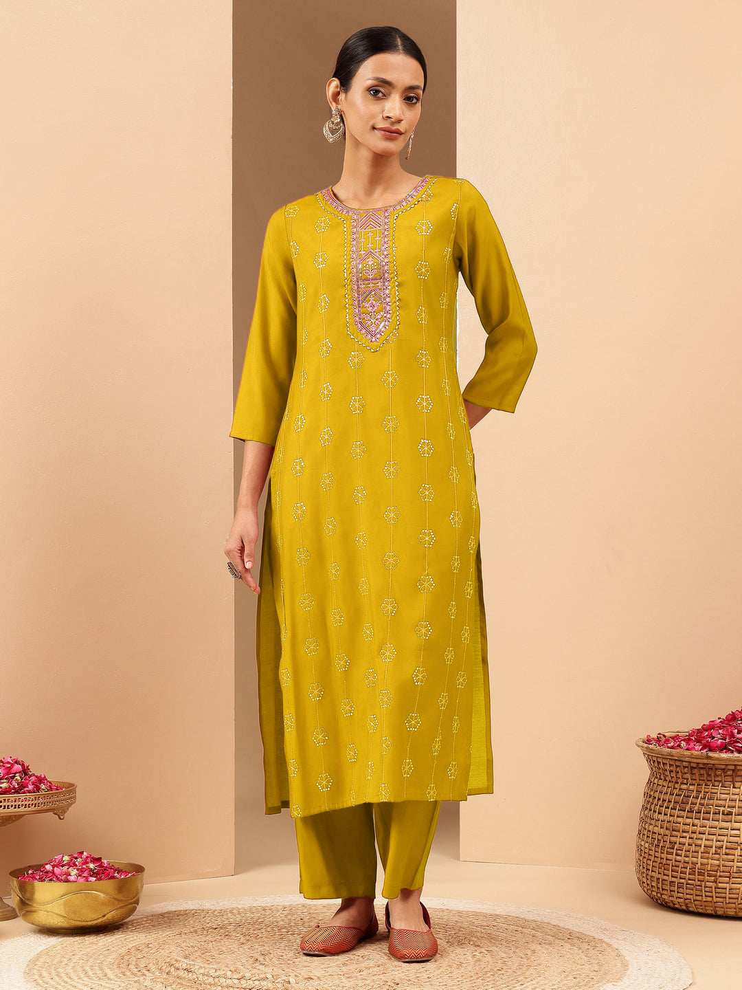 Ninnique Women's Mustard Chanderi Silk Embellished Straight Kurta Pant Set