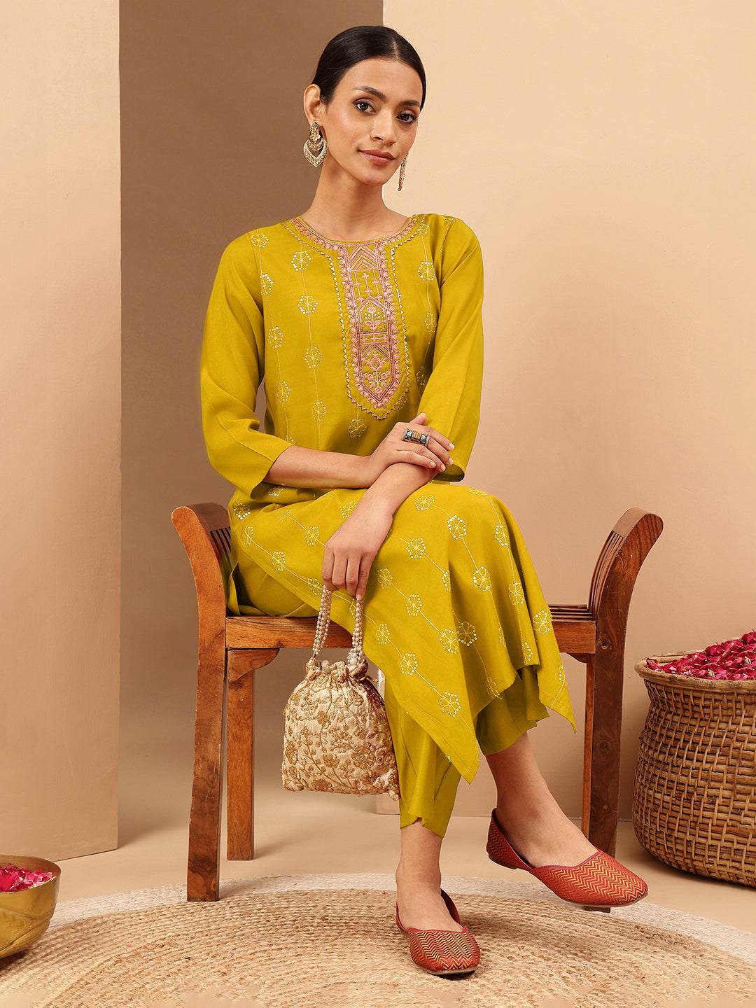Ninnique Women's Mustard Chanderi Silk Embellished Straight Kurta Pant Set