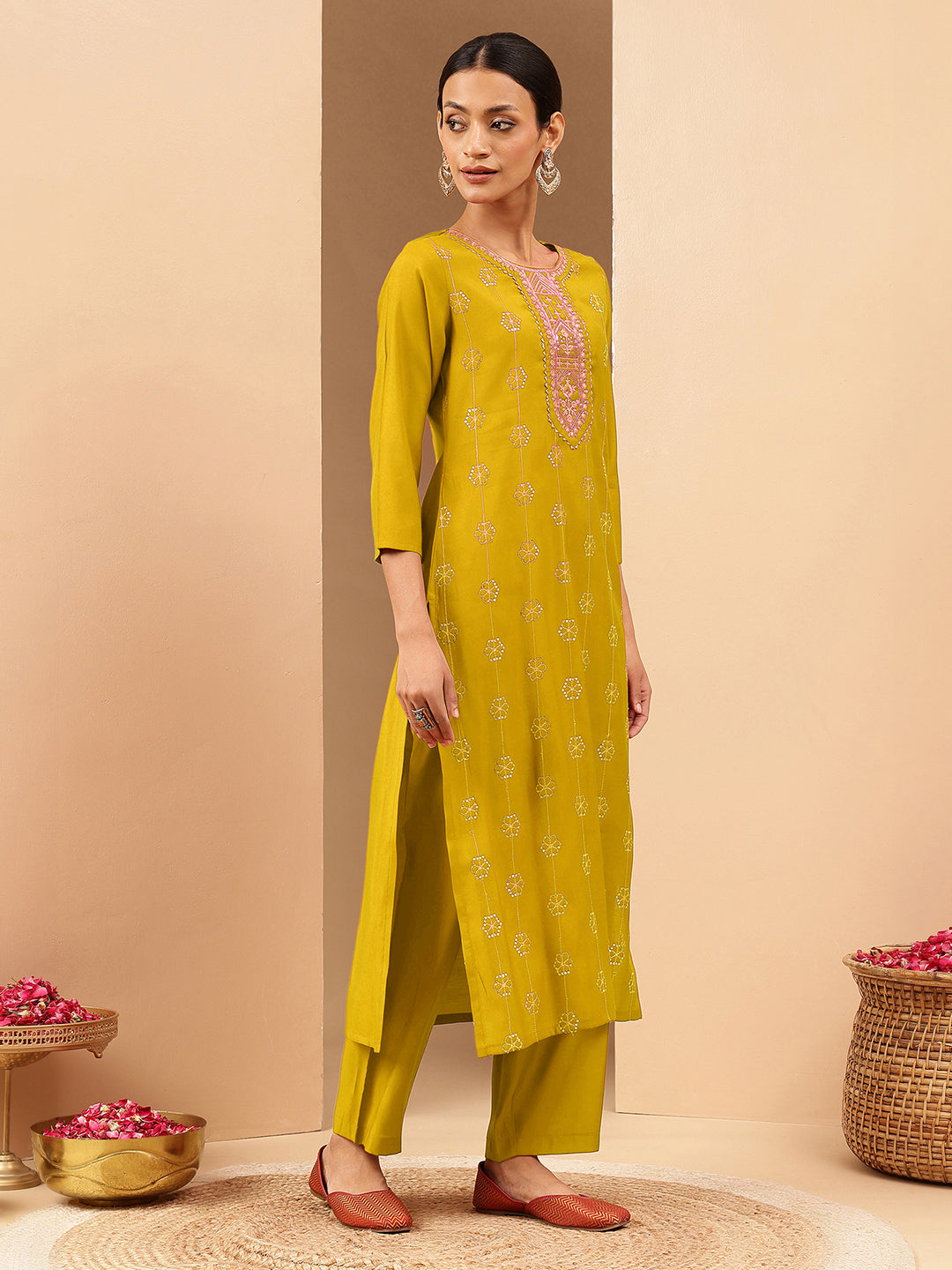 Ninnique Women's Mustard Chanderi Silk Embellished Straight Kurta Pant Set