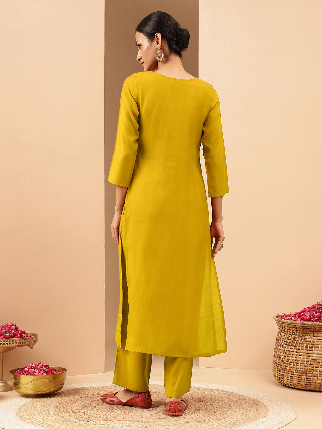 Ninnique Women's Mustard Chanderi Silk Embellished Straight Kurta Pant Set