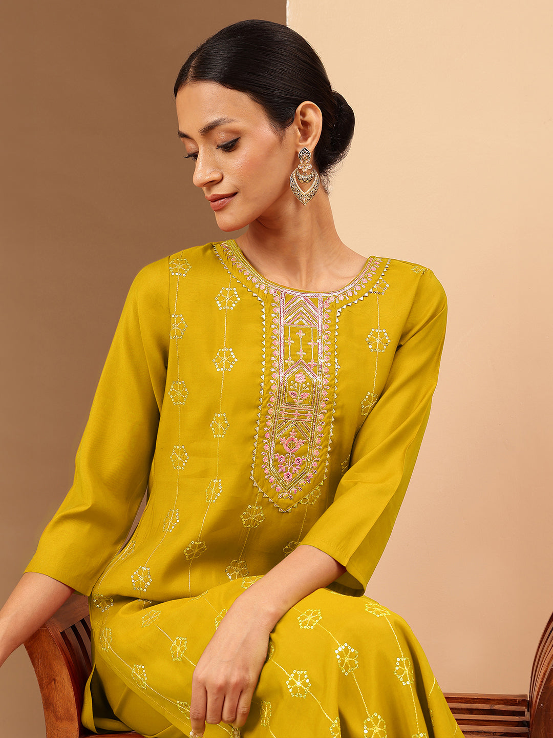 Ninnique Women's Mustard Chanderi Silk Embellished Straight Kurta Pant Set