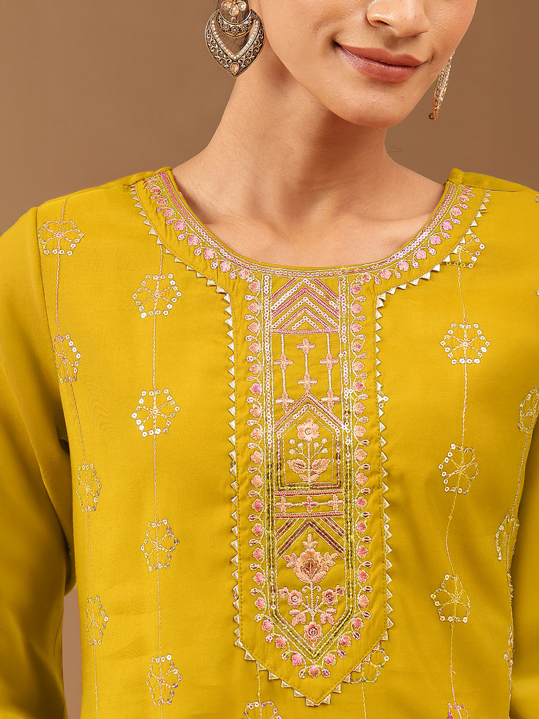 Ninnique Women's Mustard Chanderi Silk Embellished Straight Kurta Pant Set