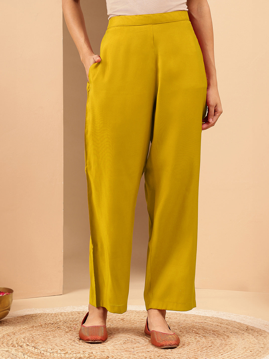 Ninnique Women's Mustard Chanderi Silk Embellished Straight Kurta Pant Set