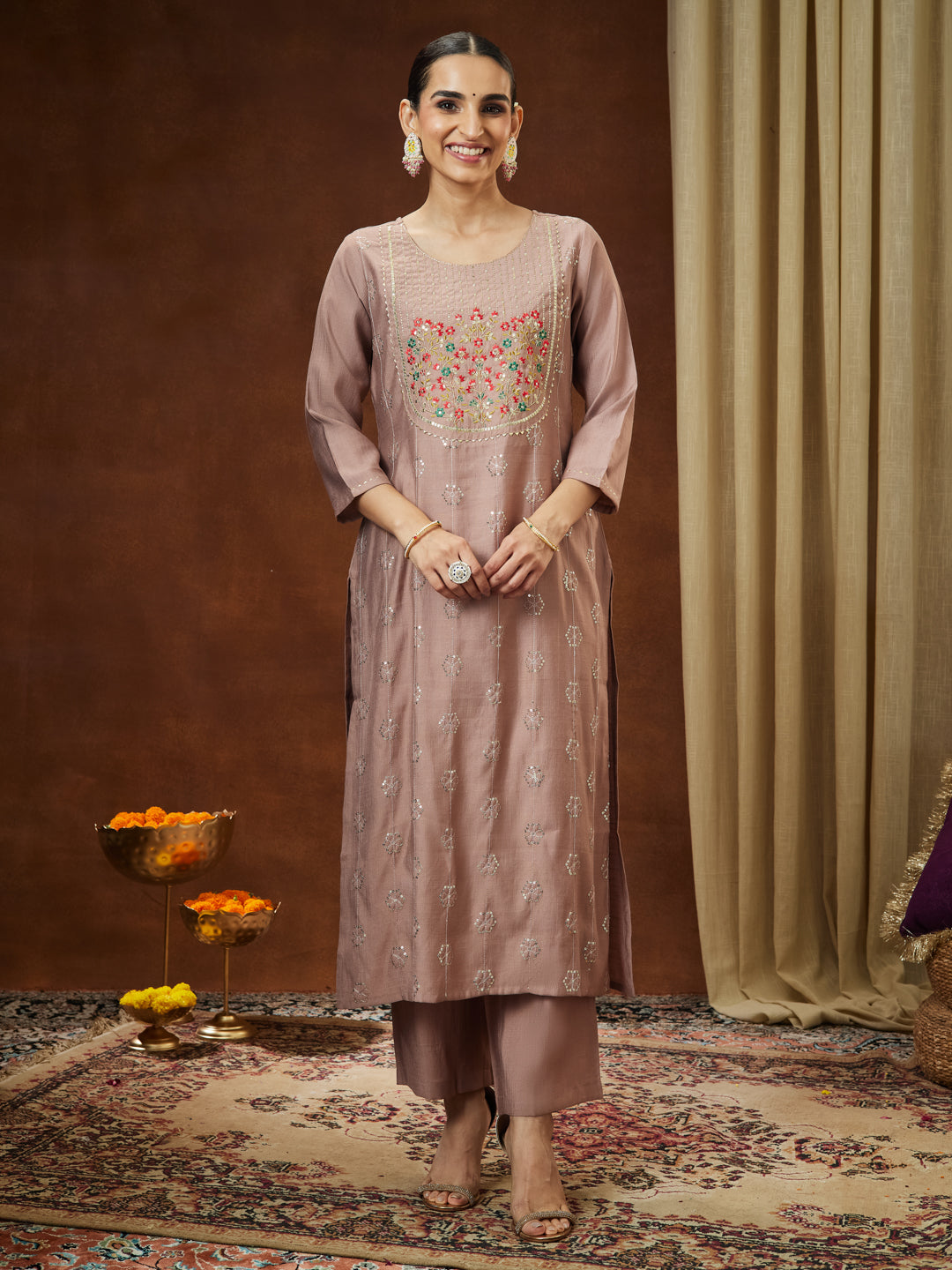 Ninnique Women's Brown Silk Blend Zari Embroidered Straight Kurta Pant Set