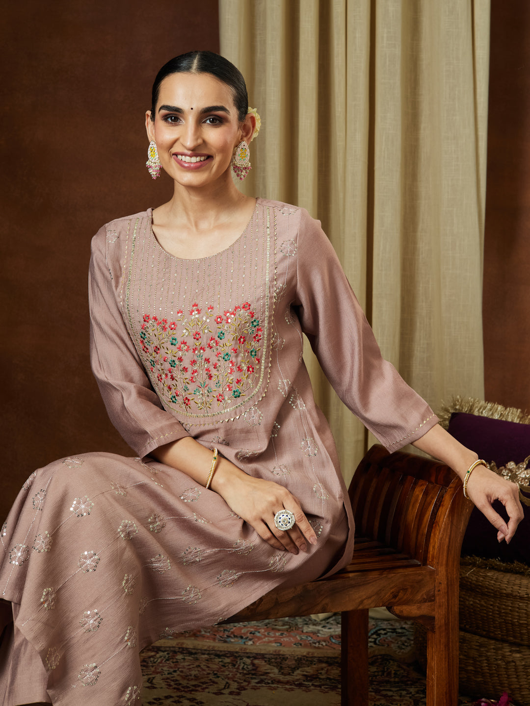 Ninnique Women's Brown Silk Blend Zari Embroidered Straight Kurta Pant Set