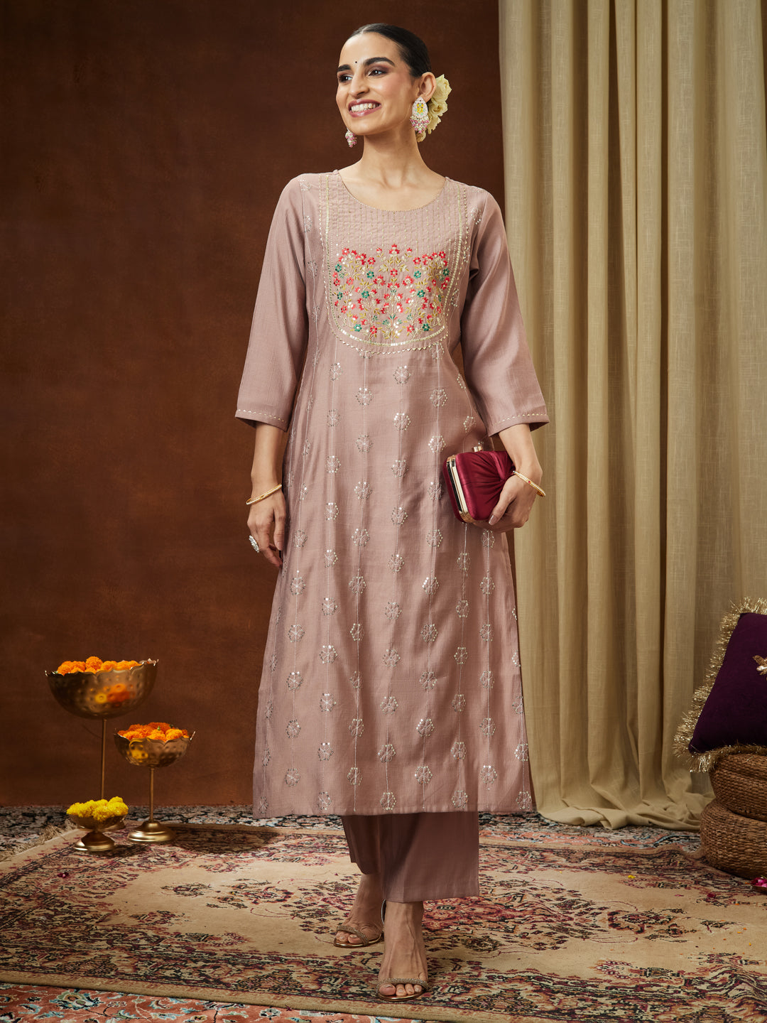 Ninnique Women's Brown Silk Blend Zari Embroidered Straight Kurta Pant Set