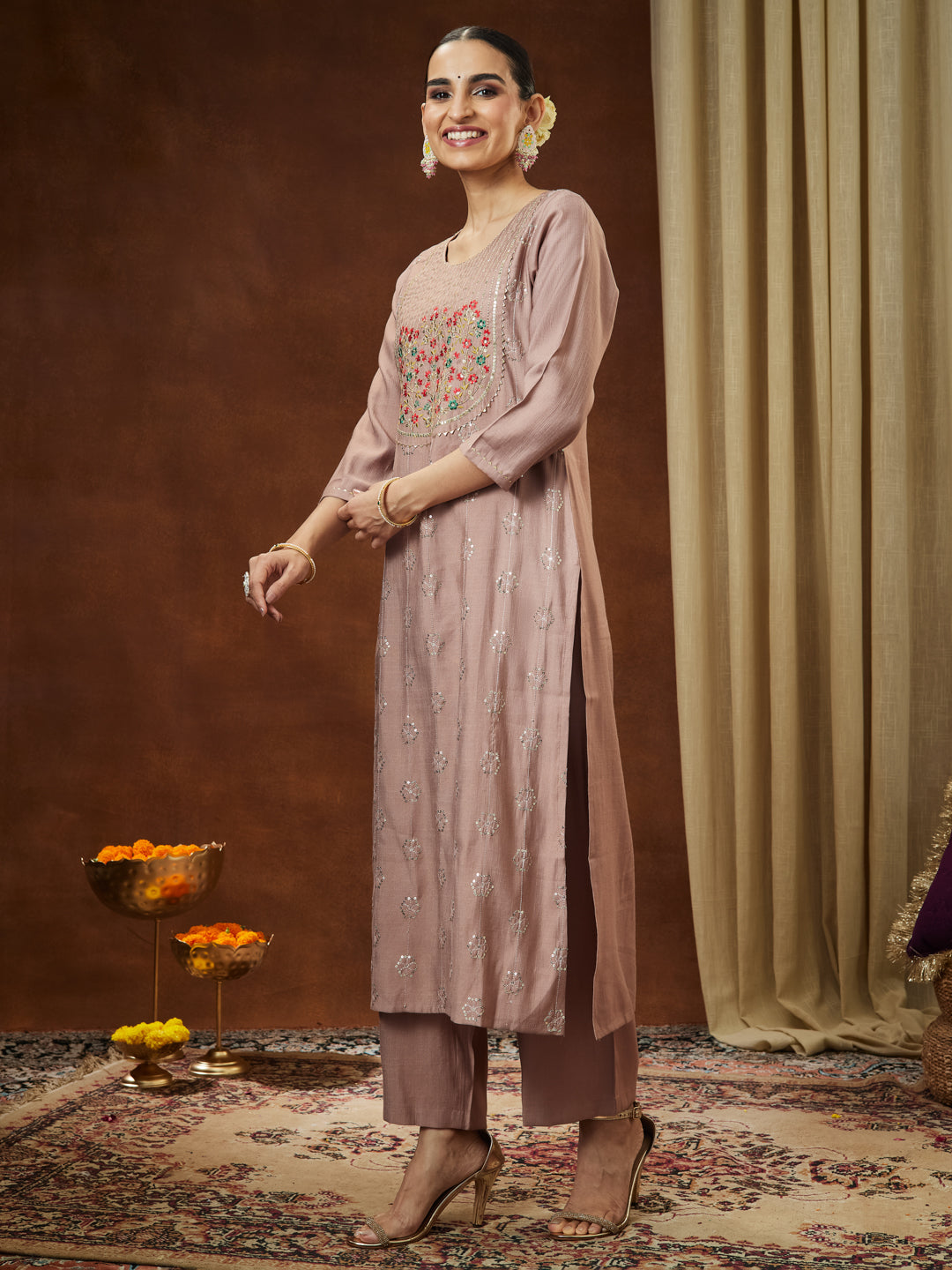 Ninnique Women's Brown Silk Blend Zari Embroidered Straight Kurta Pant Set