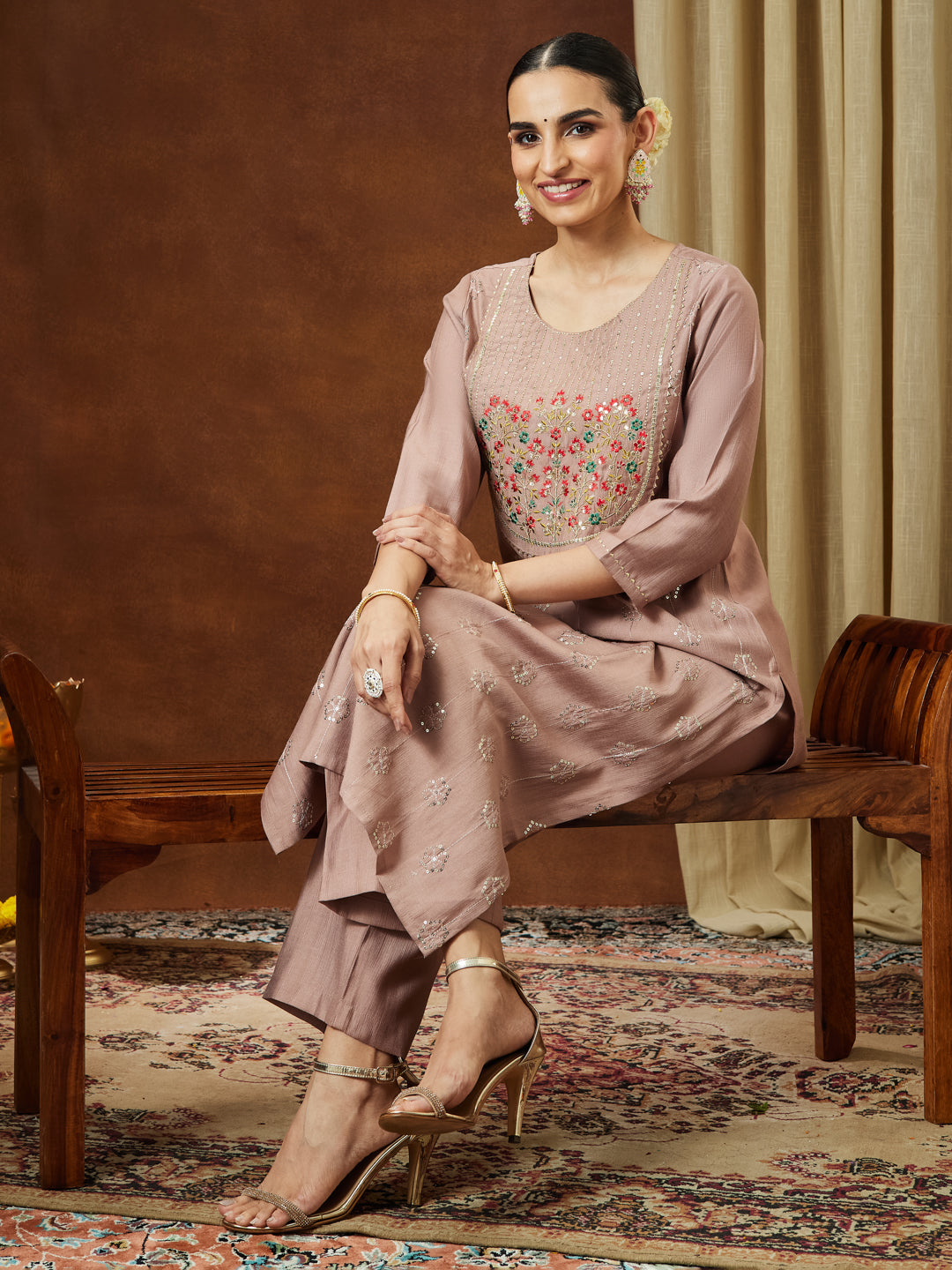 Ninnique Women's Brown Silk Blend Zari Embroidered Straight Kurta Pant Set