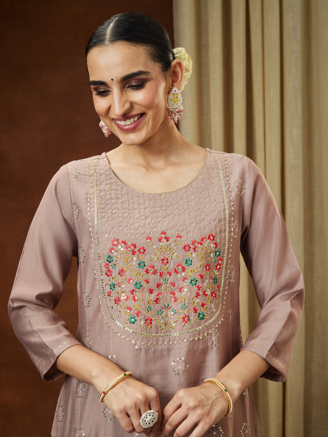 Ninnique Women's Brown Silk Blend Zari Embroidered Straight Kurta Pant Set