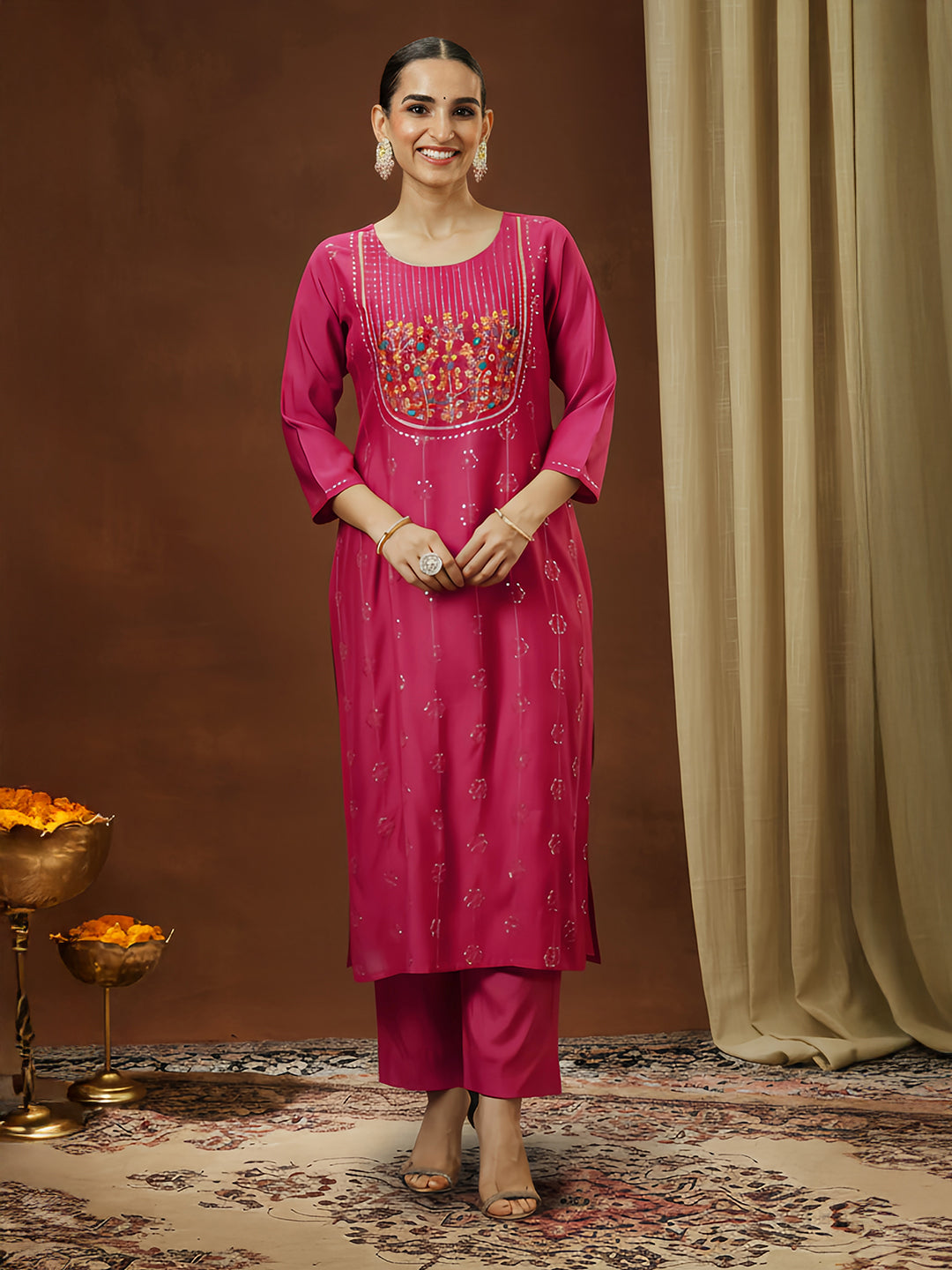 Ninnique Women's Pink Silk Blend Embroidered Straight Kurta Pant Set