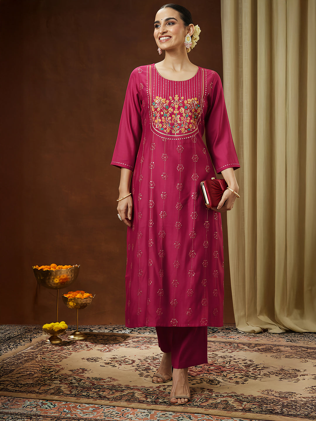 Ninnique Women's Pink Silk Blend Embroidered Straight Kurta Pant Set
