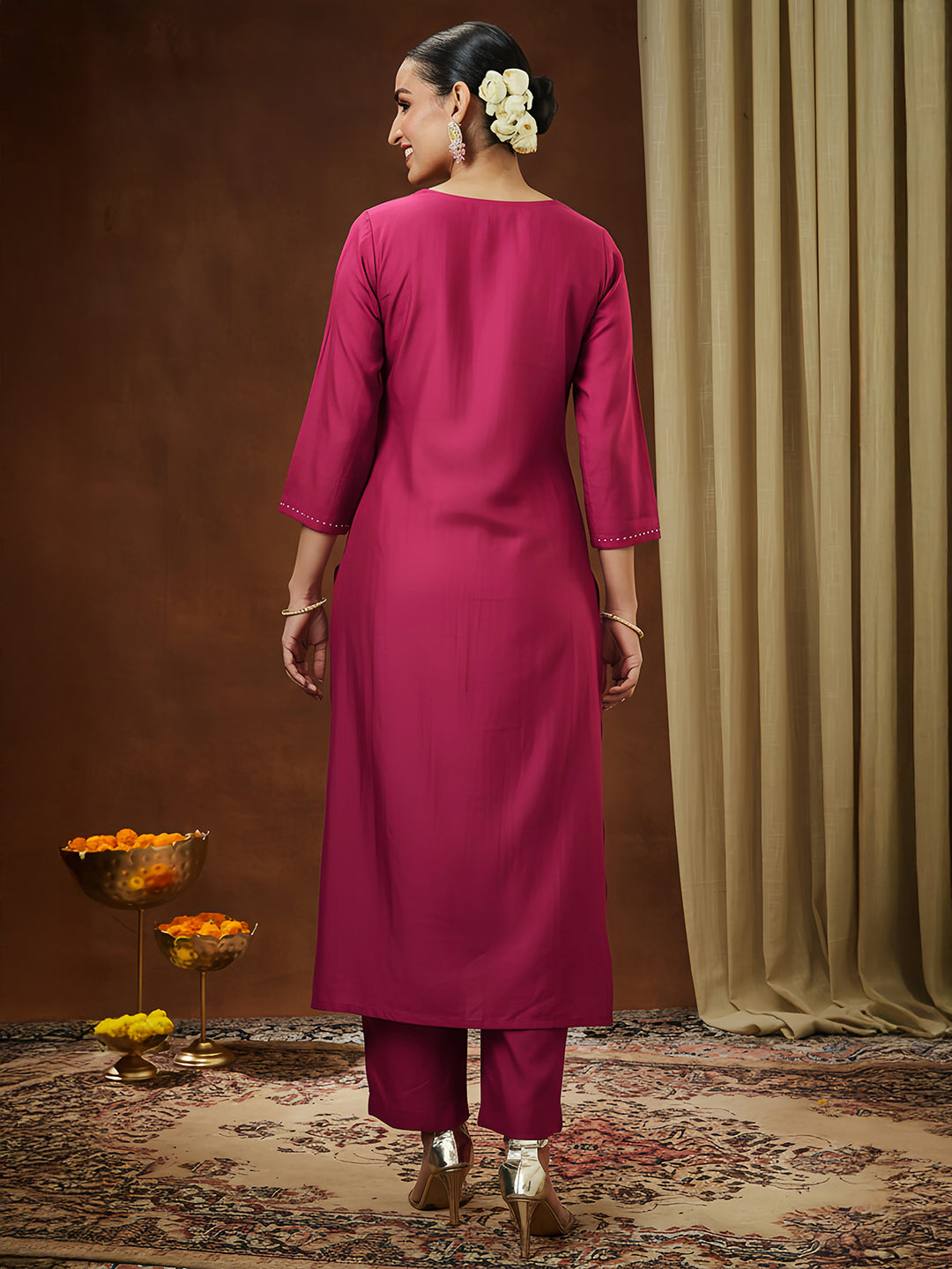 Ninnique Women's Pink Silk Blend Embroidered Straight Kurta Pant Set