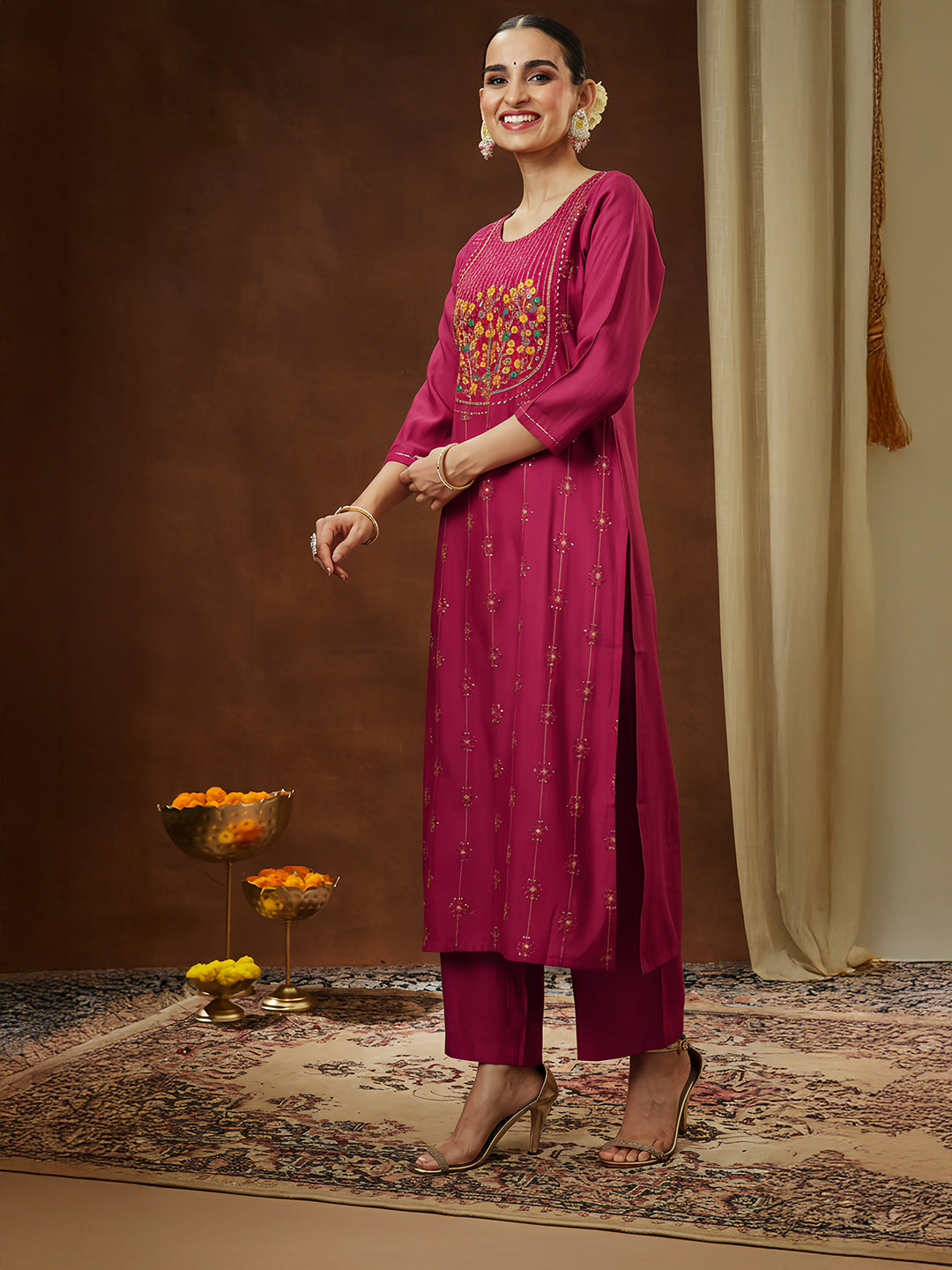 Ninnique Women's Pink Silk Blend Embroidered Straight Kurta Pant Set