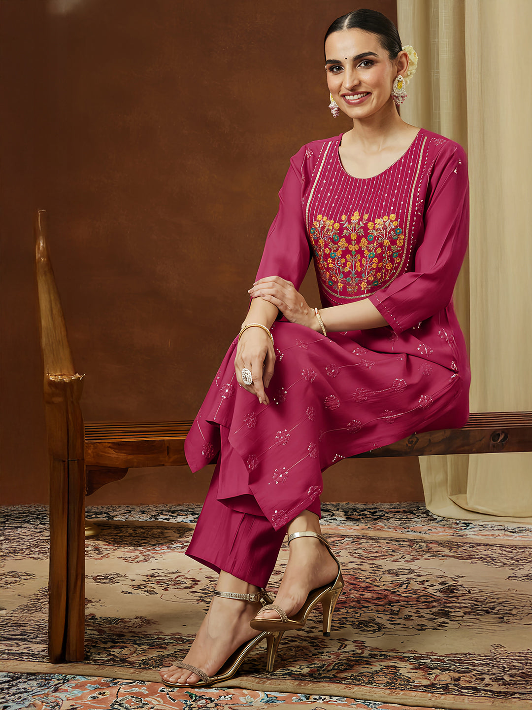 Ninnique Women's Pink Silk Blend Embroidered Straight Kurta Pant Set
