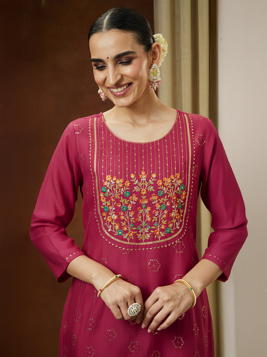 Ninnique Women's Pink Silk Blend Embroidered Straight Kurta Pant Set
