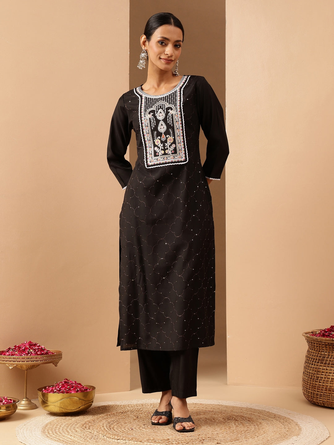 Ninnique Women's Black Chanderi Silk Embroidered Straight Kurta Pant Set