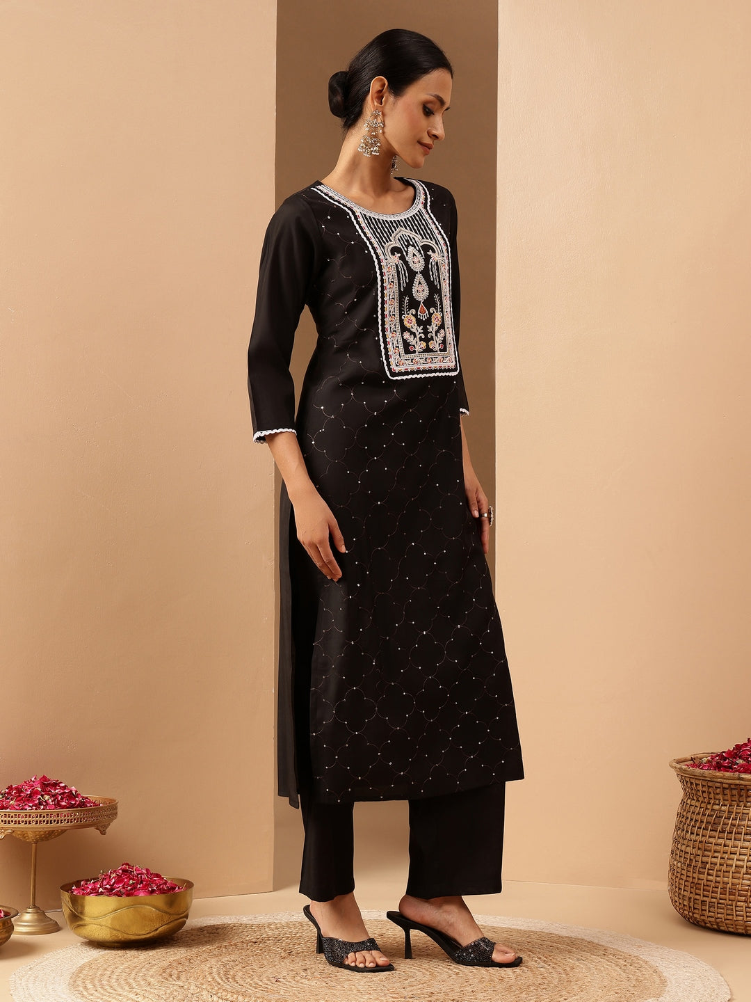 Ninnique Women's Black Chanderi Silk Embroidered Straight Kurta Pant Set