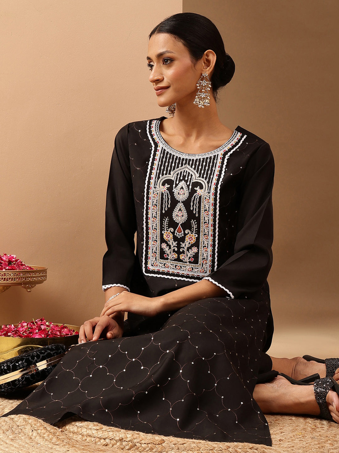 Ninnique Women's Black Chanderi Silk Embroidered Straight Kurta Pant Set