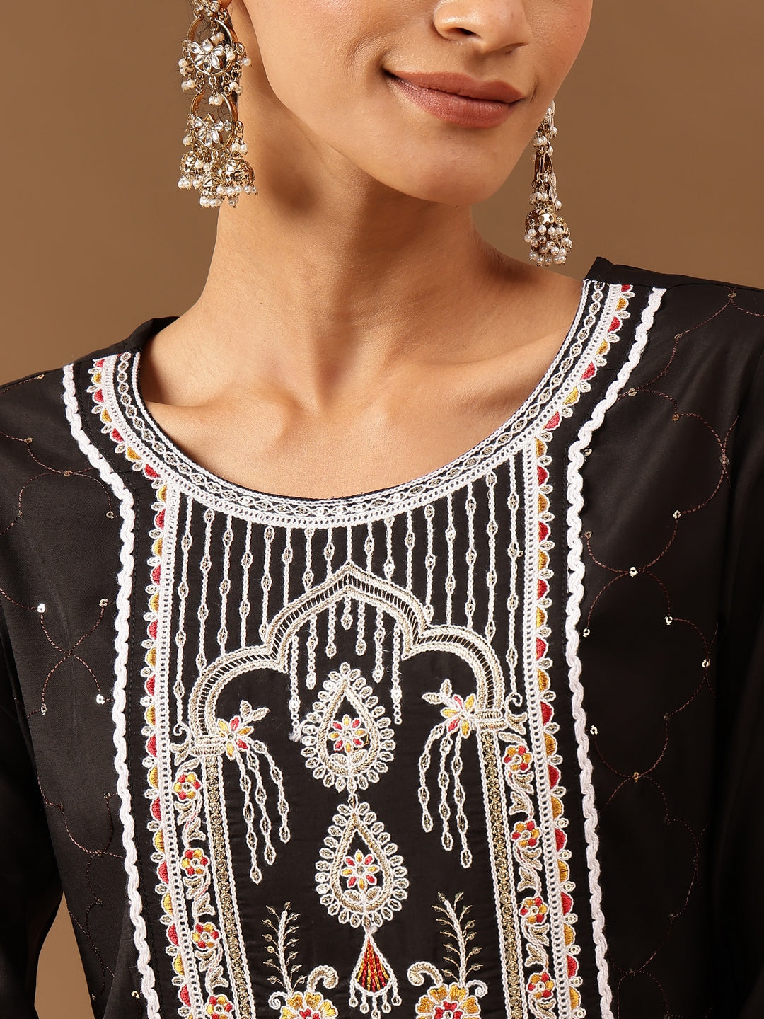 Ninnique Women's Black Chanderi Silk Embroidered Straight Kurta Pant Set