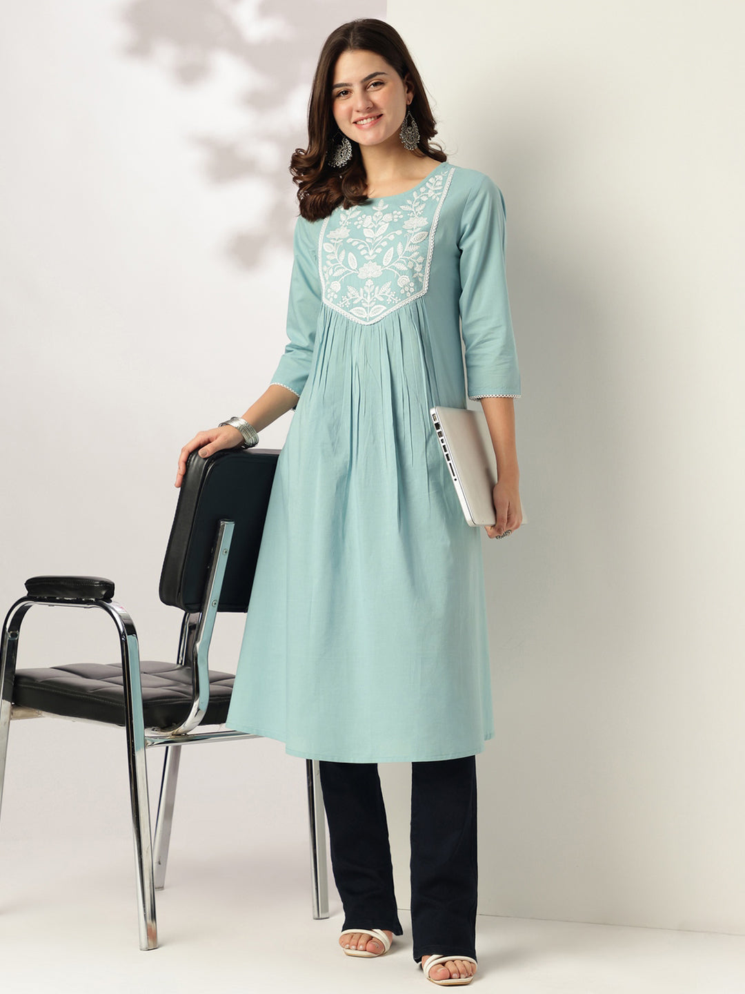 Ninnique Women's Light Blue Pure Cotton Yoke Embroidered A-line Kurta